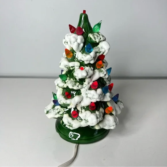 Vintage Ceramic Christmas Tree Snow Dated 1984 Green Multi Color 9” Tall